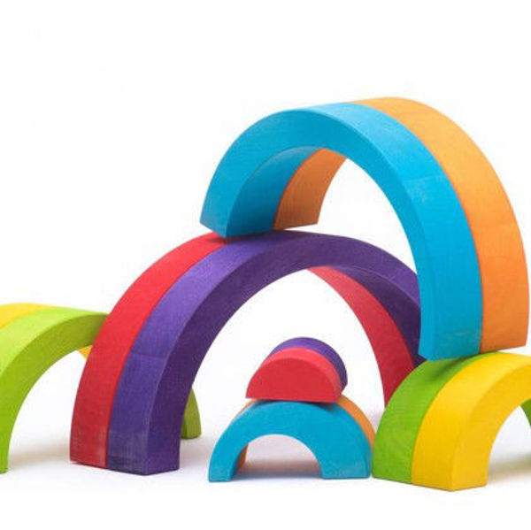 Harrison2Inspire-Stacking Rainbow Wood Block Set of 10 Asymmetrical curves  and arches. Ages 2+